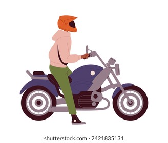 Person motorcyclist concept. Biker in protective helmet. Travels and tourism. Graphic element for website. Active lifestyle and leisure. Cartoon flat vector illustration isolated on white background