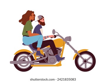 Person motorcyclist concept. Couple bikers at bike. Travels and tourism. Love and romance. Active lifestyle and leisure. Cartoon flat vector illustration isolated on white background