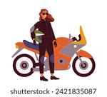 Person motorcyclist concept. Female biker in protective helmet. Travels and tourism. Template and layout. Active lifestyle and leisure. Cartoon flat vector illustration isolated on white background