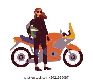 Person motorcyclist concept. Female biker in protective helmet. Travels and tourism. Template and layout. Active lifestyle and leisure. Cartoon flat vector illustration isolated on white background