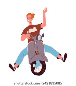 Person motorcyclist concept. Young guy at bike. Travels and tourism. Character at urban transport. Active lifestyle and leisure. Cartoon flat vector illustration isolated on white background