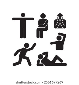 Person Movement, icon set. Figure in Various Poses. Standing, Sitting, Lying Down, Walking, Running, Sprinting, Riding a Bicycle, Climbing Stairs, Falling, Jumping, Lifting. Line with editable stroke