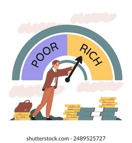 La persona mueve la flecha de la pobreza a la riqueza. El concepto de mejora financiera. Ilustración vectorial.