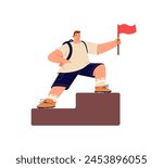 Person moves up the career ladder. Happy man achieves goal, result, win, success in mission. Leader conquers the top, height with red flag. Flat isolated vector illustration on white background