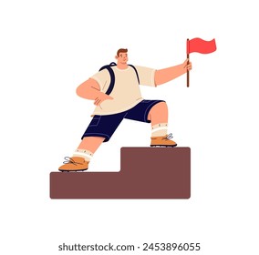 Person moves up the career ladder. Happy man achieves goal, result, win, success in mission. Leader conquers the top, height with red flag. Flat isolated vector illustration on white background