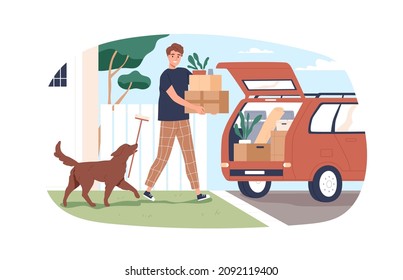 Person moving, carrying cardboard boxes and loading them into open hood of car. Man and dog leaving home. Relocation concept. Guy relocating. Flat vector illustration isolated on white background