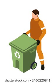 Person moving a green recycling bin, representing recycling and environmental care. Simple style vector illustration isolated on white background