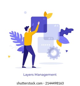 Person moving translucent digital elements or windows. Concept of layers management, software option or feature, app or program interface. Modern flat colorful vector illustration for banner, poster.