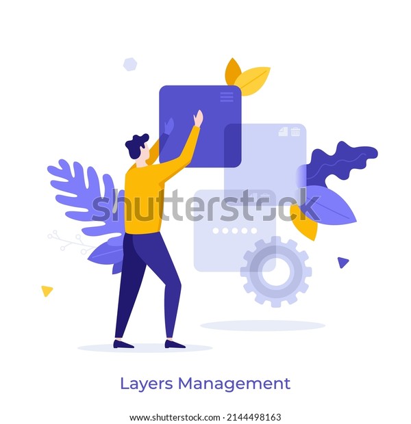 Person moving translucent digital elements or\
windows. Concept of layers management, software option or feature,\
app or program interface. Modern flat colorful vector illustration\
for banner, poster.