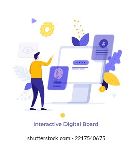 Persona que mueve elementos web a través de la pantalla del ordenador. Concepto de tablero digital interactivo, pantalla multimedia, tecnología de pantalla táctil innovadora, interfaz receptiva. Ilustración vectorial plana moderna.