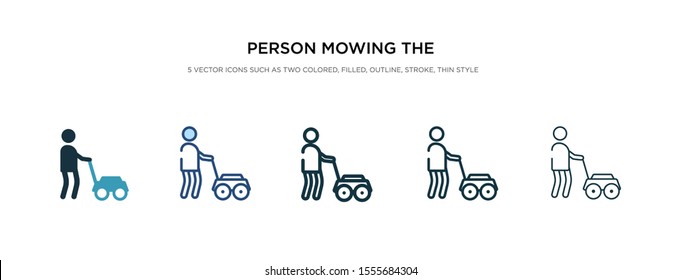 person mowing the grass icon in different style vector illustration. two colored and black person mowing the grass vector icons designed in filled, outline, line and stroke style can be used for