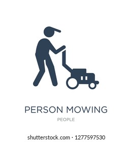 person mowing the grass icon vector on white background, person mowing the grass trendy filled icons from People collection, person mowing the grass vector illustration