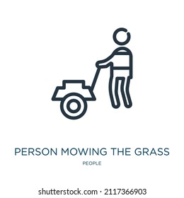 Person, die das Gras dünne Linie Symbol mäht. Gras, Linearsymbole auf Rasen von Menschen Konzept isolierte Umriss-Zeichen. Vektorgrafik-Symbol-Element für Webdesign und Apps.