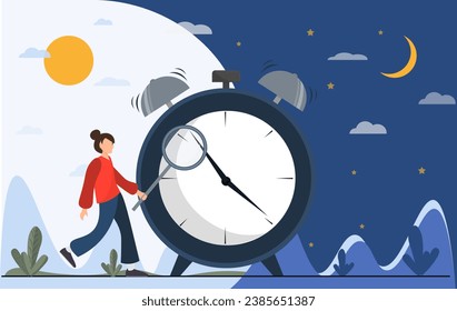 Persona cerca del reloj, cambio del círculo diurno y nocturno, día y podría rutinario, ritmo circadiano, tiempo para los conceptos de descanso y trabajo, ilustración vectorial plana