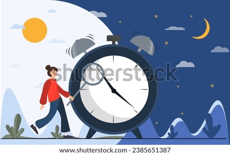 Person near clock, changing day and night circle, day and might routine, circadian rhythm, time for rest and work concepts, flat vector illustration