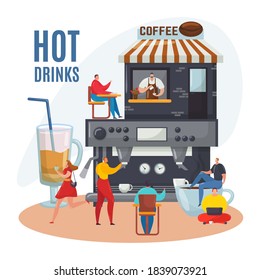 Person near coffee machine, hot drink flat menu vector illustration. Espresso, cappuccino, latte with milk in cup. Cafeteria service, cafe shop with barista worker make macchiato in mug.