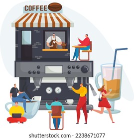 Person near coffee machine, hot drink flat menu vector illustration. Espresso, cappuccino, latte with milk in cup. Cafeteria service