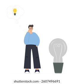 Person near light bulb, brainstorming and finding ideas, developing success business project, finding inspiration solution, flat vector illustration