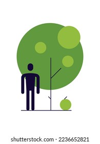 Persona cerca de un árbol con frutas. Ilustración plana simple. Archivo vector.