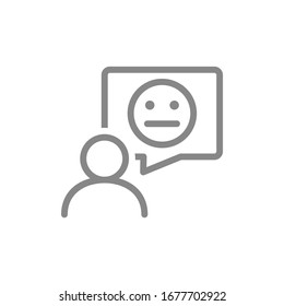 Persona con cara neutral en el icono de línea de burbuja de voz. Revisar, retroceder, comentar, símbolo de insatisfacción del cliente