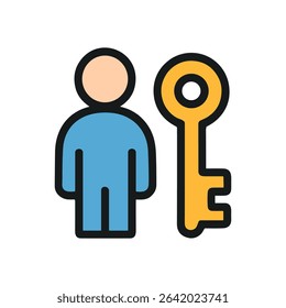 Person next to a golden key. Icon symbol illustration
