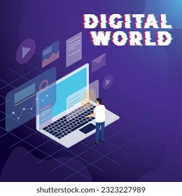 Person next to a laptop concept digital world poster Vector