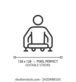 Person with no lower limbs linear icon. Amputation trauma care. Intellectual disability, genetic disorder. Thin line illustration. Contour symbol. Vector outline drawing. Editable stroke