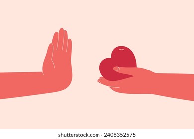 Person not allowing to show care for him. Human hand refuses love and help hand. Character avoidant and dismissive of support from people. Mental health vector illustration  svg