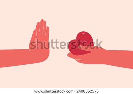 Person not allowing to show care for him. Human hand refuses love and help hand. Character avoidant and dismissive of support from people. Mental health vector illustration 