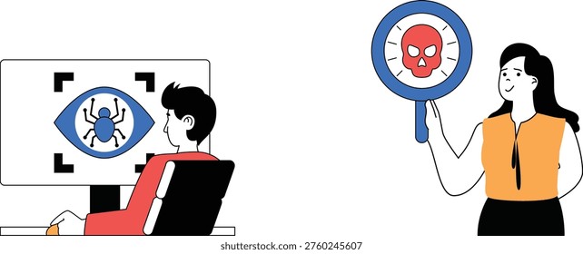 A person observing a computer screen with a virus icon while another points out a magnified skull symbolizing danger