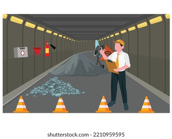 Person observing tunnel area construction. Architecture of tunnel design and architect seeing tunnel architecture design with safety instrument. Ensure safety in confined space of tunnel construction.