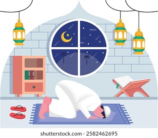 Person is Offering of nawafil late night concept, Man Performing Sajda Bowing Down in Prayer vector icon Design, ramadan and Eid al-Fitr Banner Muslim fasting month scene Islamic holidays illustration