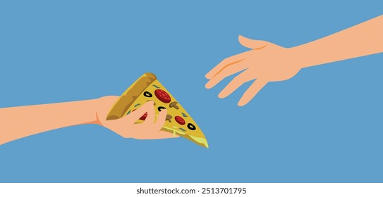 
Person Offering a Pizza Slice to a Friend Vector Illustration
People sharing food out of friendship celebrating together 
