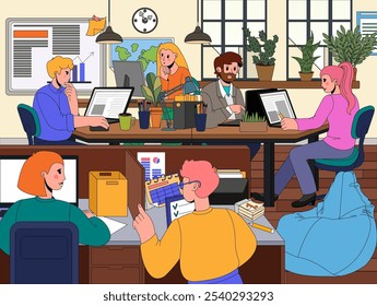 Person in office. Employees sitting at desks. Workspace interior. Computer at desktop. Corporate equipment. Business coworking. Men or women working with documents. Trendy workers team. Vector concept