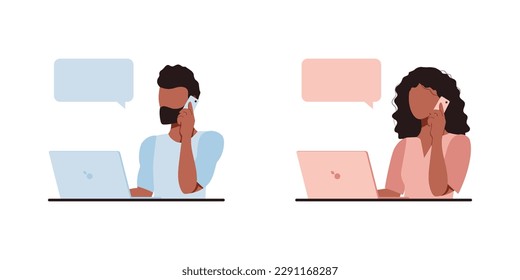 Person office worker avatar. Tanned man and woman use laptop and speaks on smartphone, sitting at table. Personal assistant. Freelancer. Remote work. Vector flat illustration