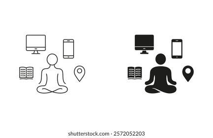 Person Offline, Social Media Detoxification Symbol. Yoga and Digital Detox Line and Silhouette Icon Set. Relax, Wellness Pictogram. Editable Stroke. Isolated Vector Illustration.