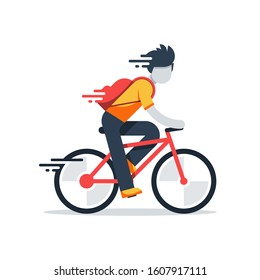 Person on bicycle, fast riding, delivery boy, vector flat illustration