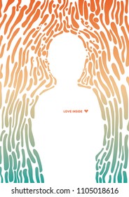 A person on a black background surrounded by green and orange bubbles and with 'love inside'