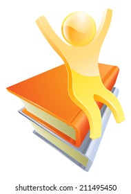 Person on books education concept of a cute gold mascot seated on books with arms up