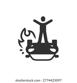 Person on burning car icon. Riot, chaos and urban unrest concept. Monochrome black and white symbol