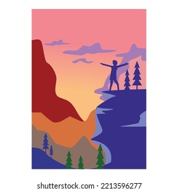 person on the cliff nature background illustration vector design