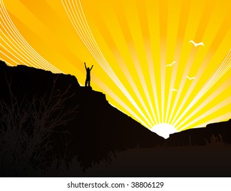 person on cliff with sunset