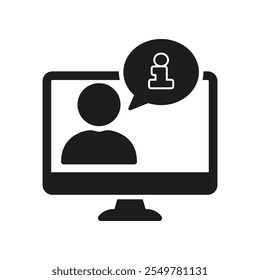 Pessoa no computador com informações Chat Bubble Silhouette Ícone para suporte online. Informação, Assistência, Símbolo de Glifo de Comunicação Online. Ilustração de vetor isolada.