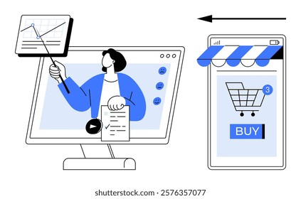 Person on a computer screen teaching about online shopping with a mobile app displaying a shopping cart and buy button. Ideal for online marketing, e-commerce, online learning, digital business