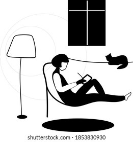 a person on the couch with a book or tablet. self-isolation during the cavid-19 coronavirus pandemic. black and white hand drawing. the concept of staying at home. poster, poster, leaflet, print.