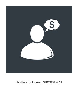 A person on dark background thinking about money with a dollar sign in thought bubble