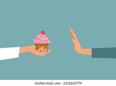 
Person on Diet Refusing Cupcake Dessert Vector Cartoon Illustration. Woman going on a healthy no sugar detox lifestyle
