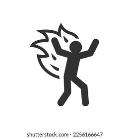 Person is on fire icon. Accident. Careful, there's a possible ignition. Monochrome black and white symbol
