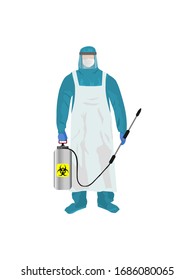 Person on full personal protective equipment (PPE) holding sprayer for disinfectant or pest control illustration vector