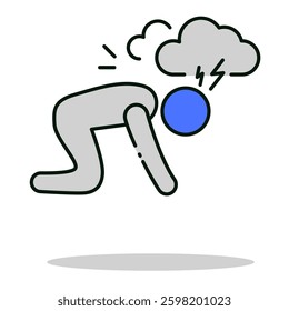 Person on the ground with a headache representing exhaustion, mental fatigue, and workplace burnout, editable stroke